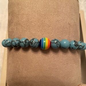 Blue Beaded stone Bracelet with Rainbow Accent NIB